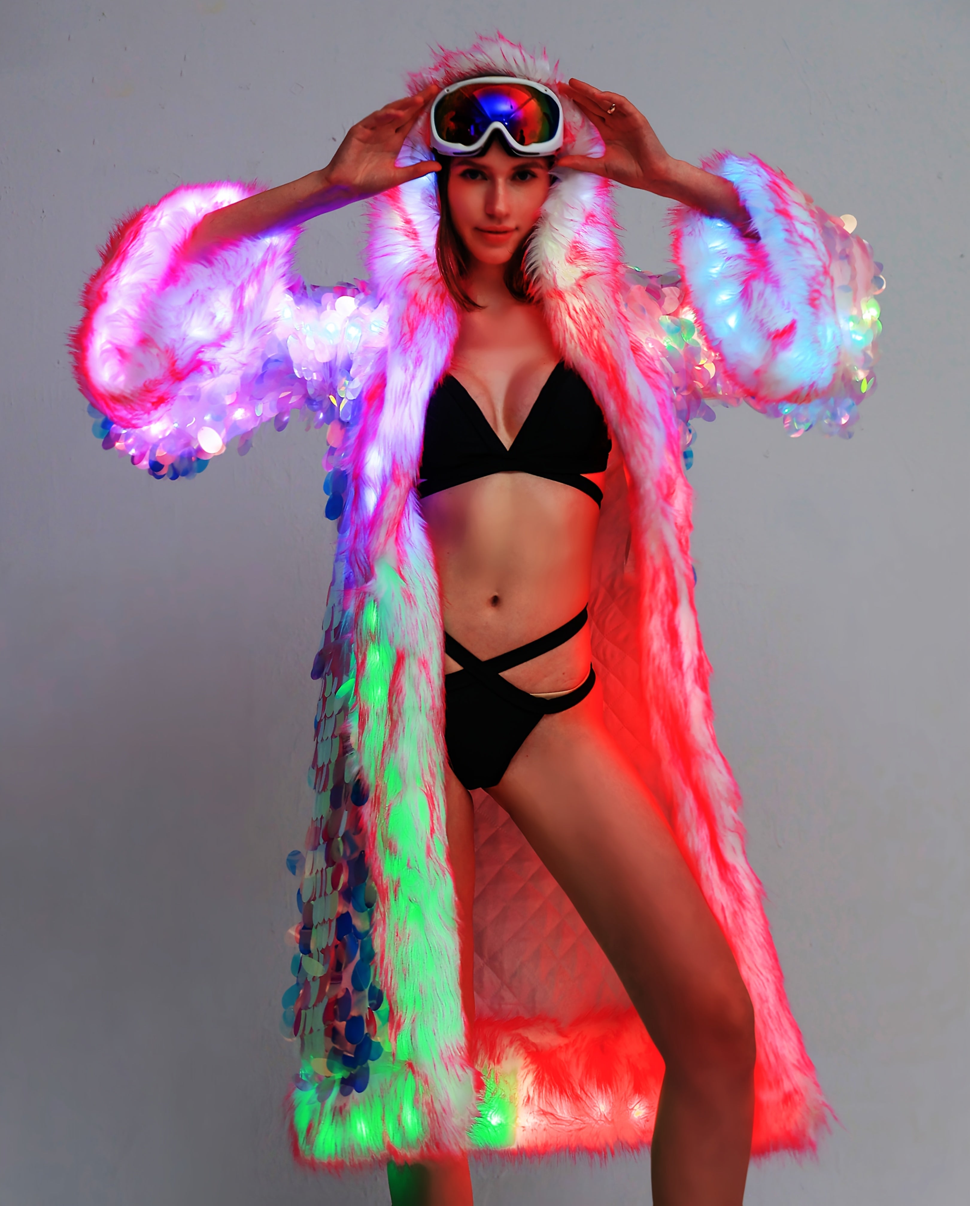 Women's LED Sequin Faux Fur Coat - Long Hooded Festival & Cosplay Outfit, USB-Powered, Flare Sleeves, Mermaid Tail Design, Vibrant Pink to Blue Gradient (Batteries Not Included), Cosplay Costume | Sequin Embellished | LED Lit