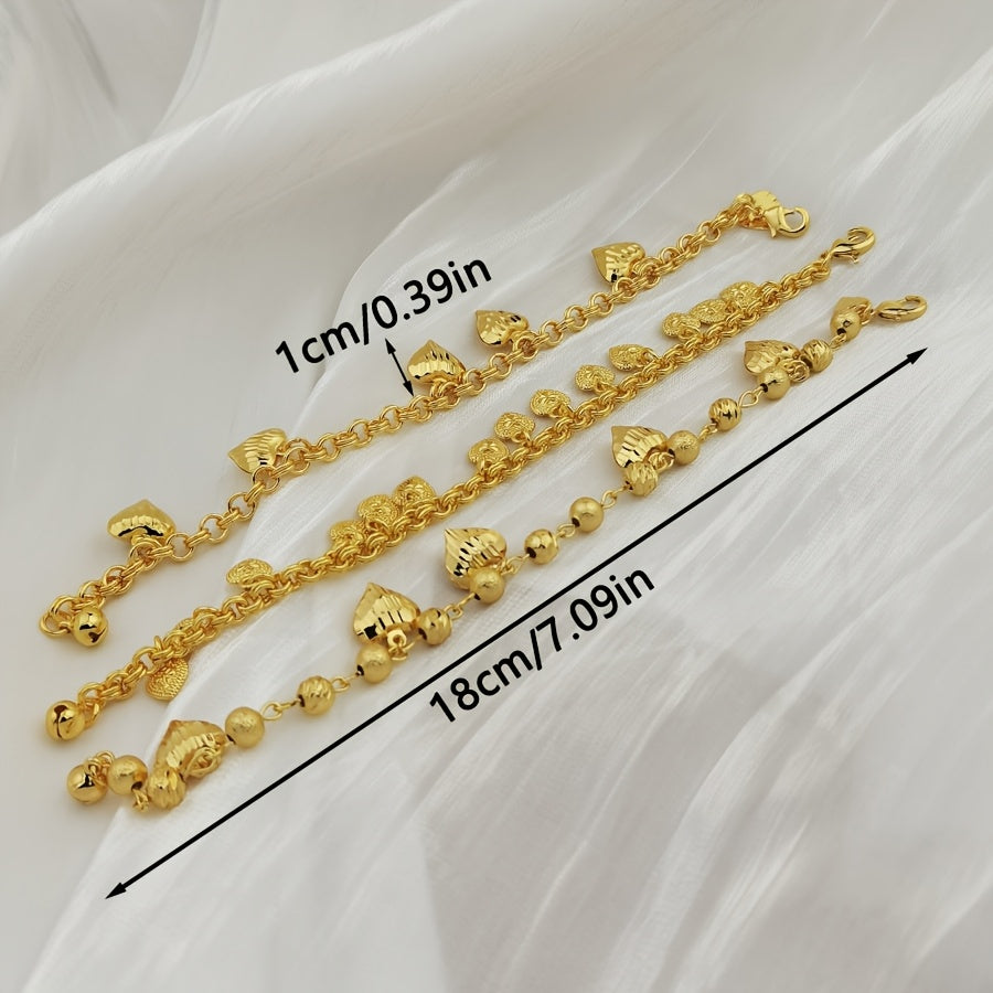 3pcs Luxurious Golden-Toned Heart Pendant Bracelet Set for Women - Boho Chic Style, Ideal for Weddings, Birthdays, Parties, Valentine's & Ramadan Gifts, Jewelry Set