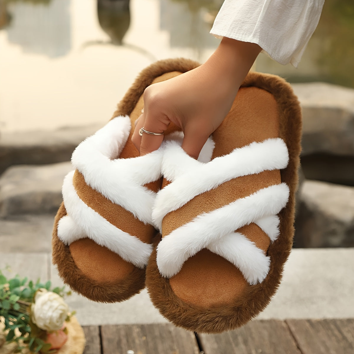 Women's Plush Slippers - Soft, Warm, Non-Slip Thick Sole Indoor/Outdoor Slides in Black & White, Brown & Gray, Beige & White Striped Patterns, Perfect for All Seasons, House Slippers