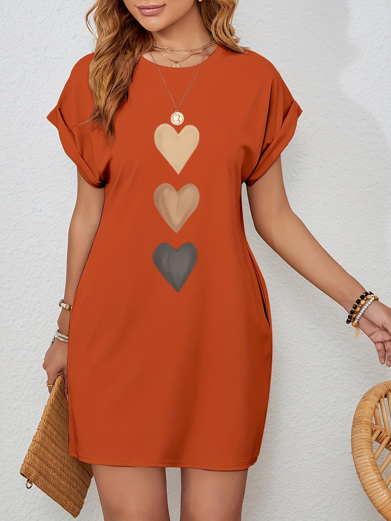 Everyday Women's Casual Heart Print Batwing Sleeve Dress with Hidden Pockets - Beige Color, Polyester Fabric, Round Neck, Machine Washable, Spring/Summer/Fall Style, Cozy Long Sleeve Knitted Dress