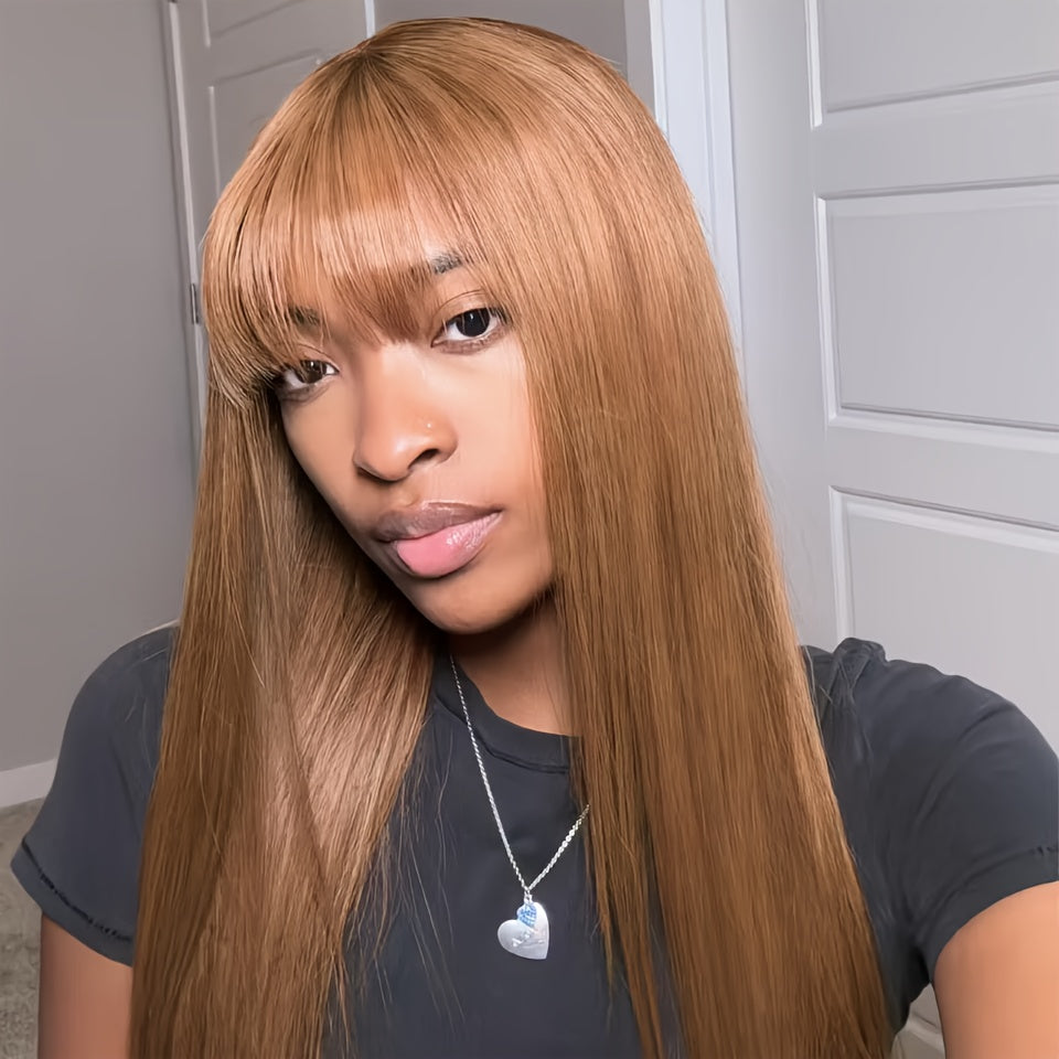 Light Brown Layer Cut Straight 13x4 Transparent Lace Front 180% Density Human Hair Wigs With Bangs For Women HDZ