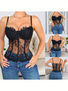 Women's Lace Corset Top | Sleeveless Spaghetti Strap Camisole Bustier | Semi-Transparent Black Polyester Mesh with Floral Lace Detailing | Sheer Design for Versatile Styling | Elegant and Comfortable Fit, Casual Wear Corset |