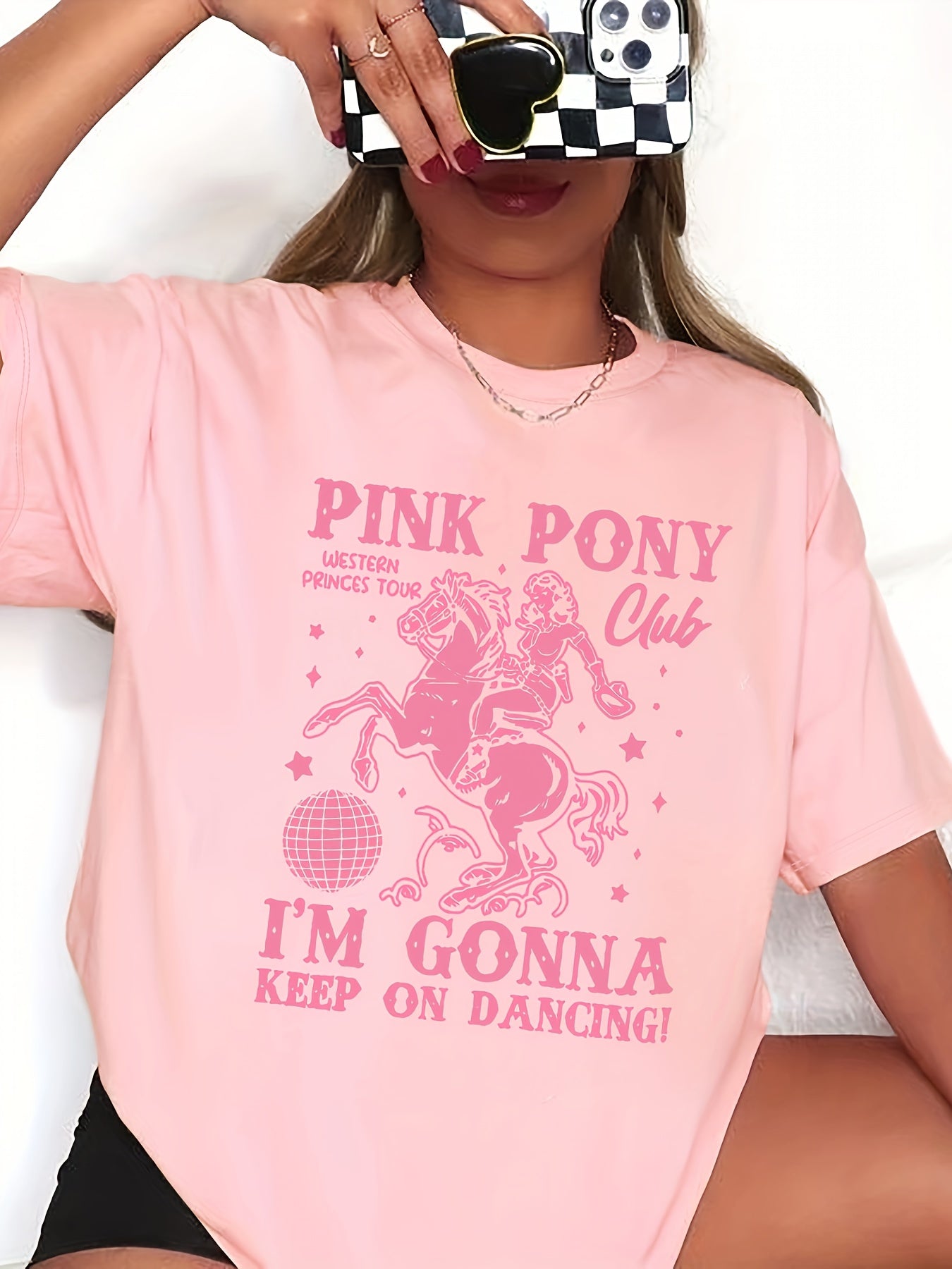 Women'S Pink Pony Club Graphic Tee - "I'm Gonna Keep on Dancing" Print, Casual Crew Neck Short Sleeve T-Shirt, Spring/Summer Fashion Top, Cute and Elegant Styl