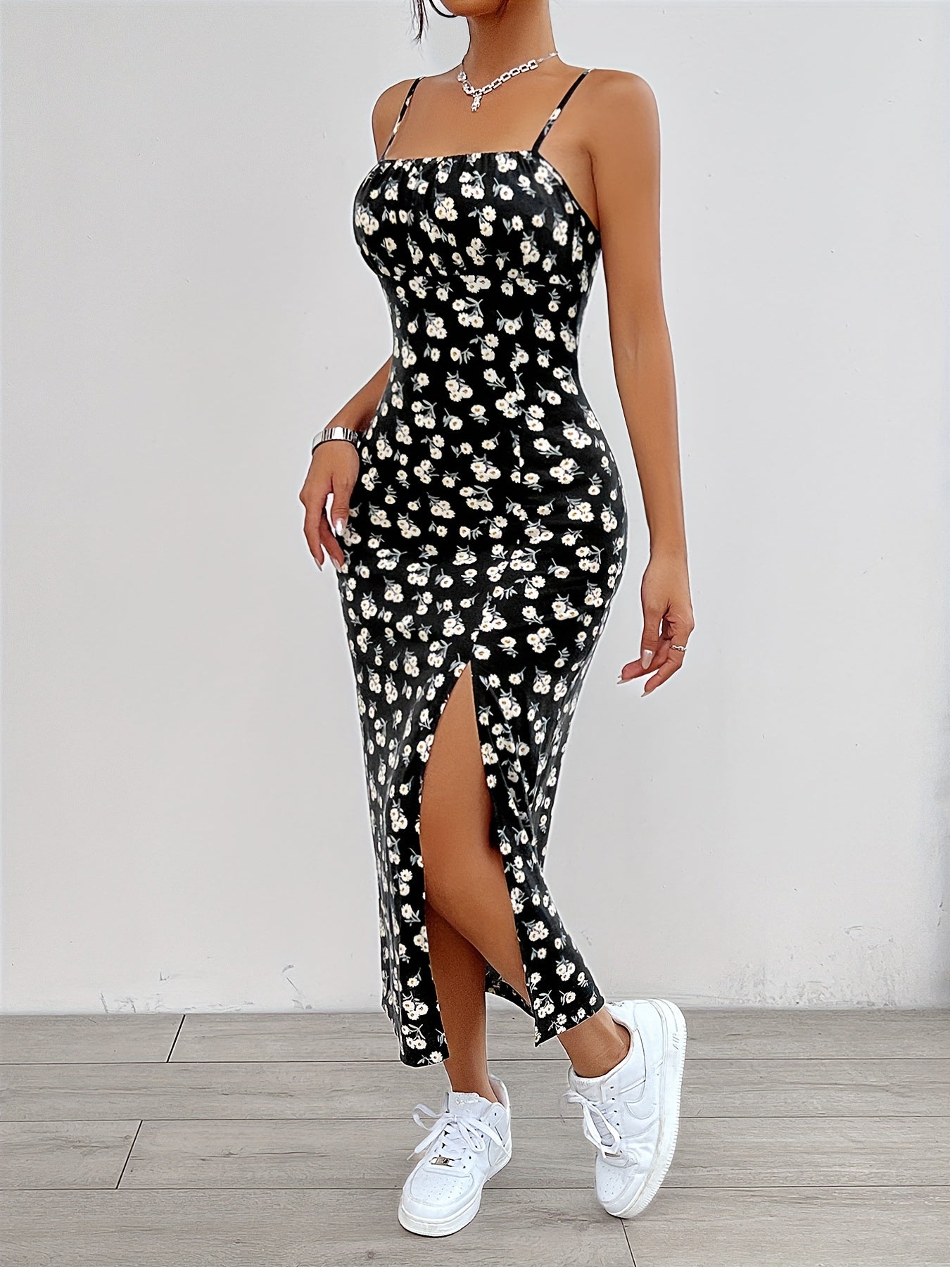 Floral Print Split Hem Cami Dress - Elegant Sleeveless Spaghetti Strap Dress For Spring & Summer - Women's Clothing - For Women - Perfect for Casual & Party Occasions - Ideal Gift for Her
