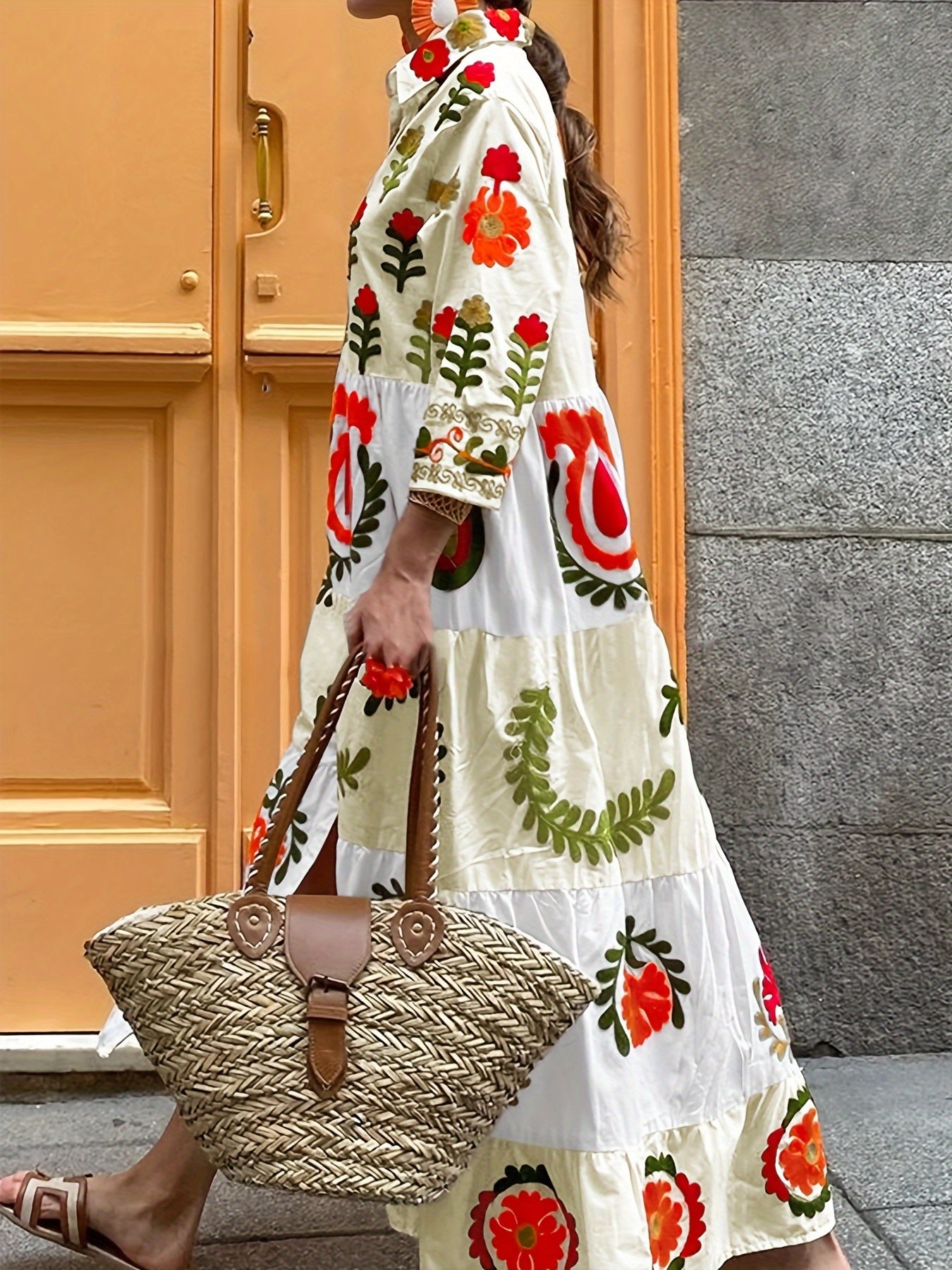 Women'S Elegant Floral Print Maxi Dress with Layered Ruffle Detail - Loose Fit, Long Sleeve, Button-Up Shirt Dress for Spring and Fall, Casual Attire|Floral Print Dress|Layered Ruffle Detail