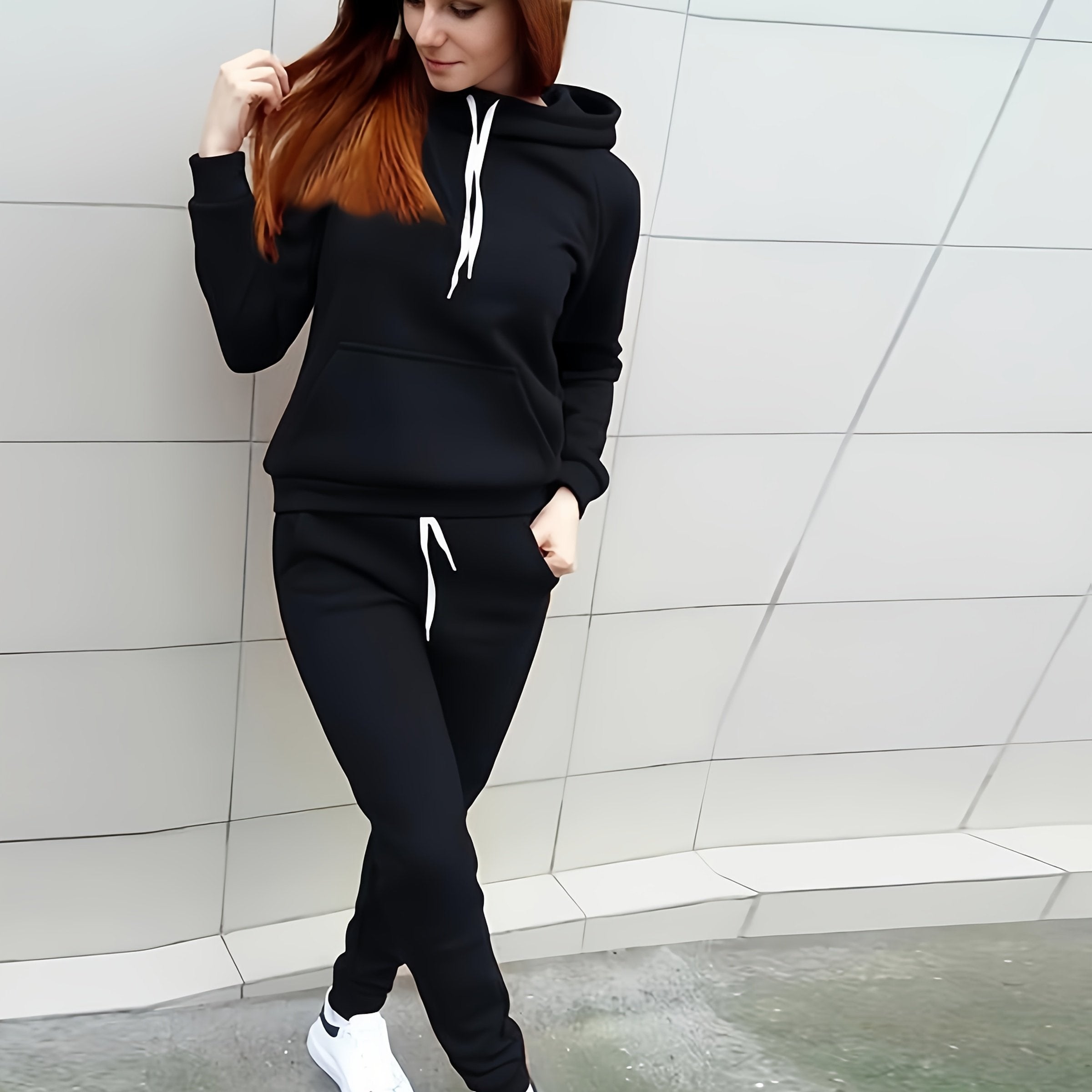 Ladies Fashion Casual 2pcs Red Hoodie, Slim-fit Hoodie, Long Sleeves, With Front Pocket And Adjustable Drawstring Pants, Solid Color Casual Spring/Fall Dress, Los Angeles Style, Gift For Girlfriend