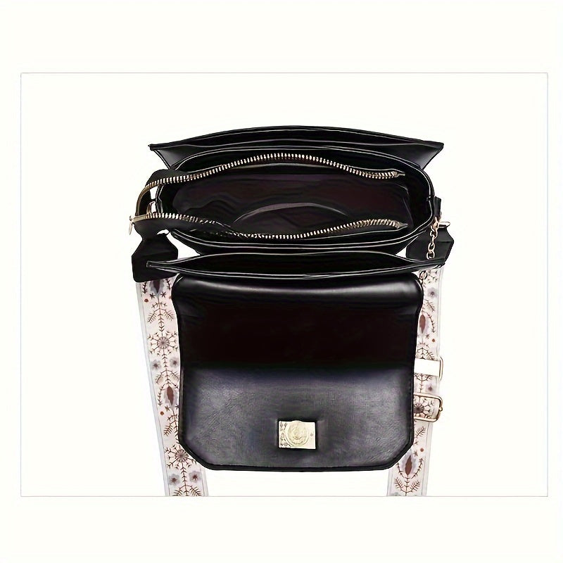 Stylish Two-Tone Chic Womens Handbag - Fashionable Crossbody Purse with Adjustable Printed Strap, Spacious Interior, and Durable PU Material - Zipper Closure, Edge Painted, and Polyester Lining for a Chic Look