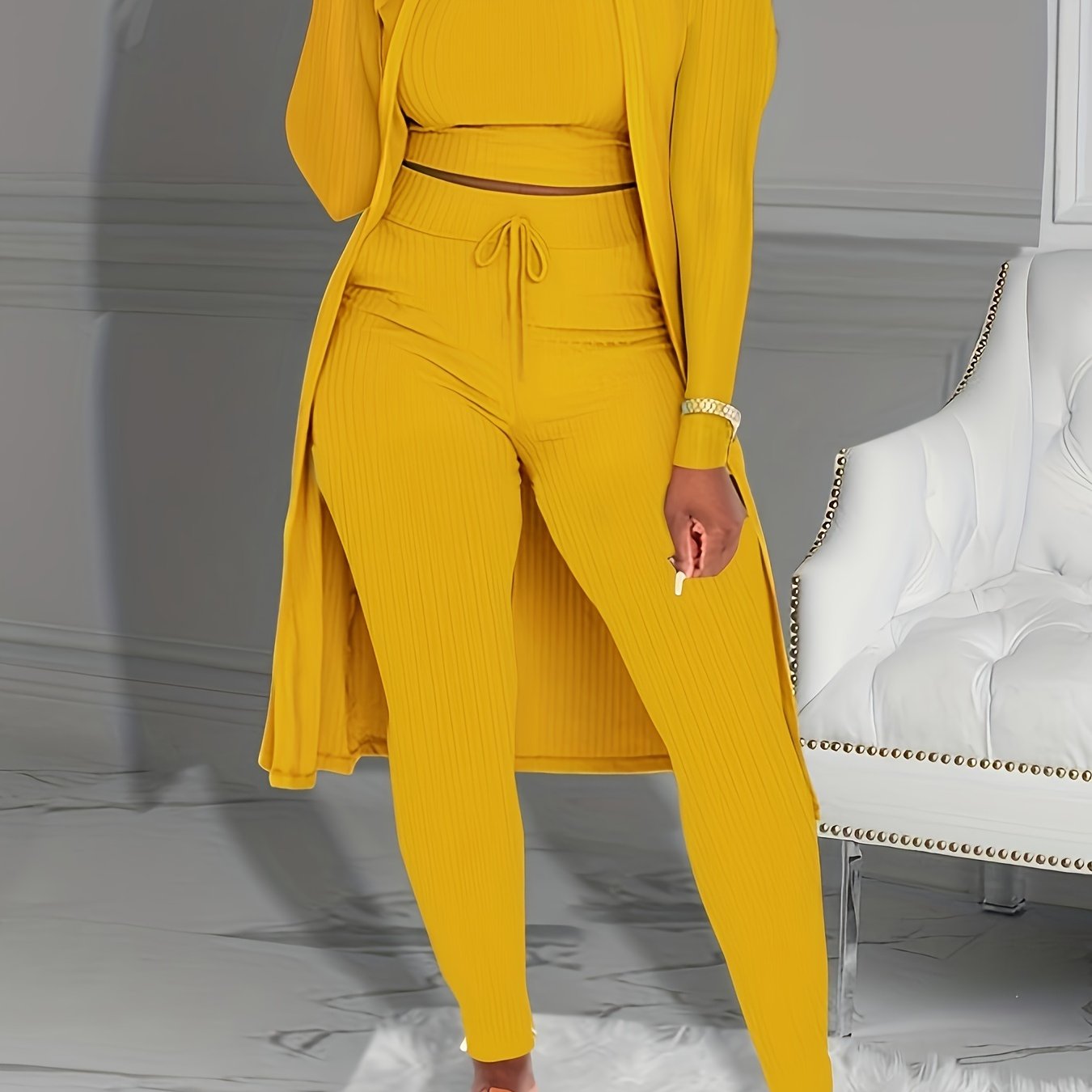 Three-piece Set of Ribbed Solid Casual Outfits, Open Front Long Sleeve Cardigan & Tank Top & Lace Up Pants, Women's Clothing
