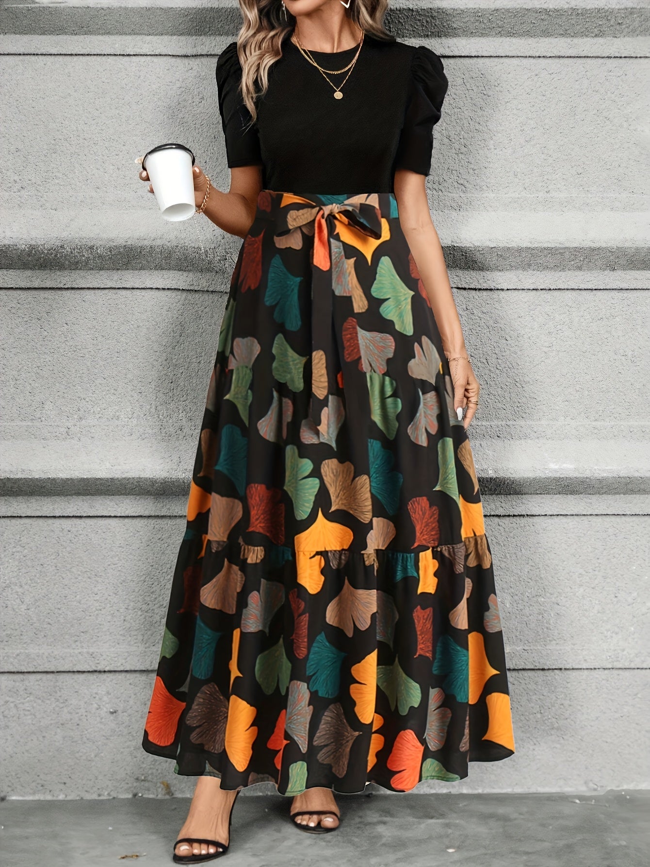 [Elegant Geometric] Women's Elegant Geometric Print Midi Dress | Polyester Knit Fabric | Casual to Semi-Formal Attire | Geometric Print Dress