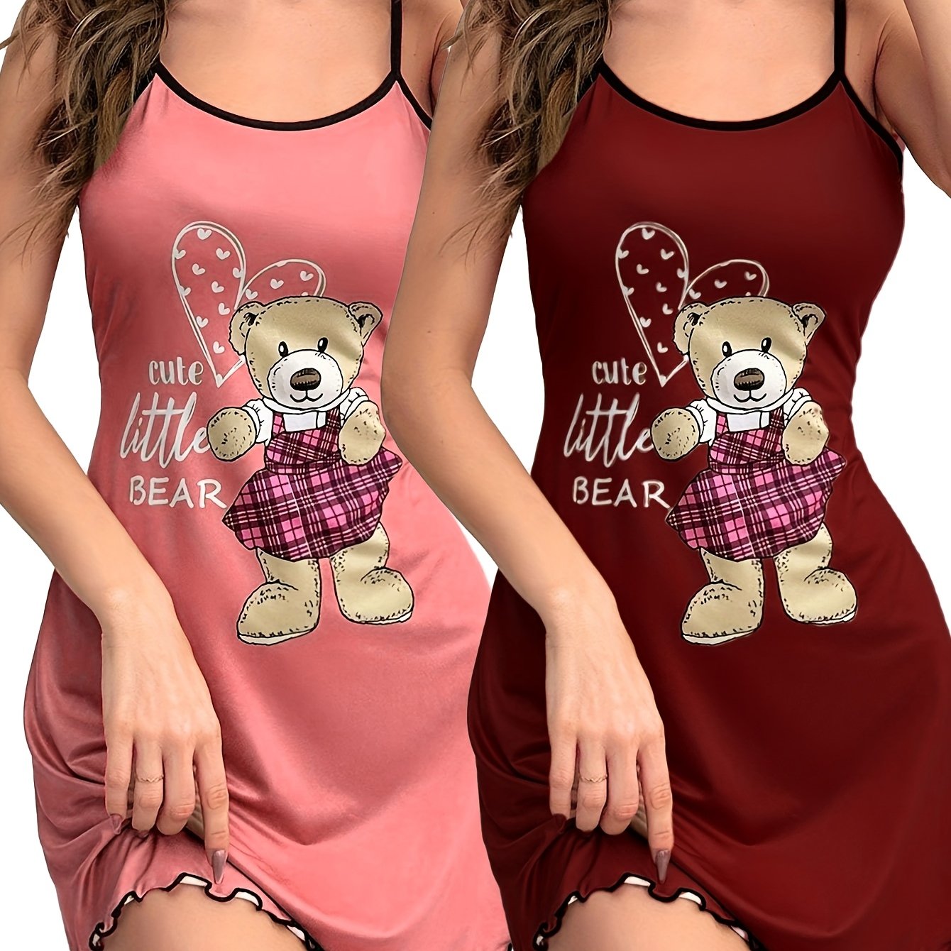 Two Pieces of Bear Print Pajamas, a Round-Neck Ruffled Edge Backless Camisole Dress, Women'S Sleepwear.