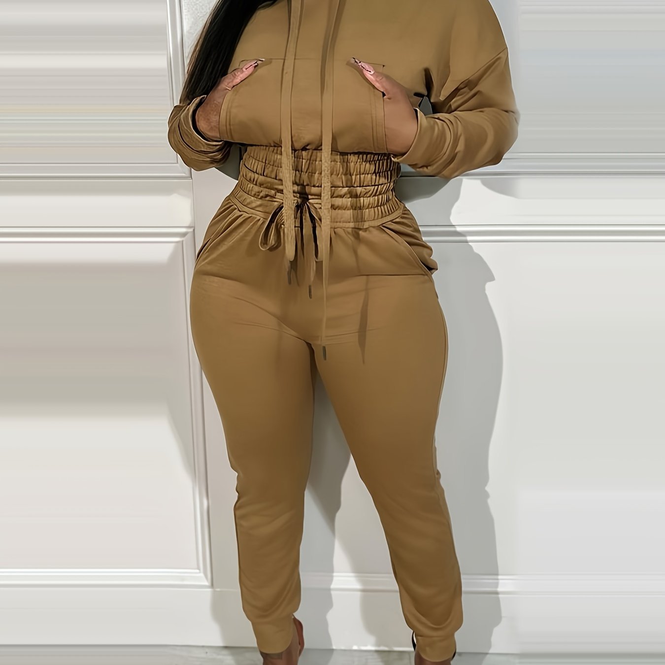 Two-piece Long Sleeve Kangaroo Pocket Drawstring Hoodie & High Waist Drawstring Jogger Pants, Casual Solid Color Women's Clothing Set