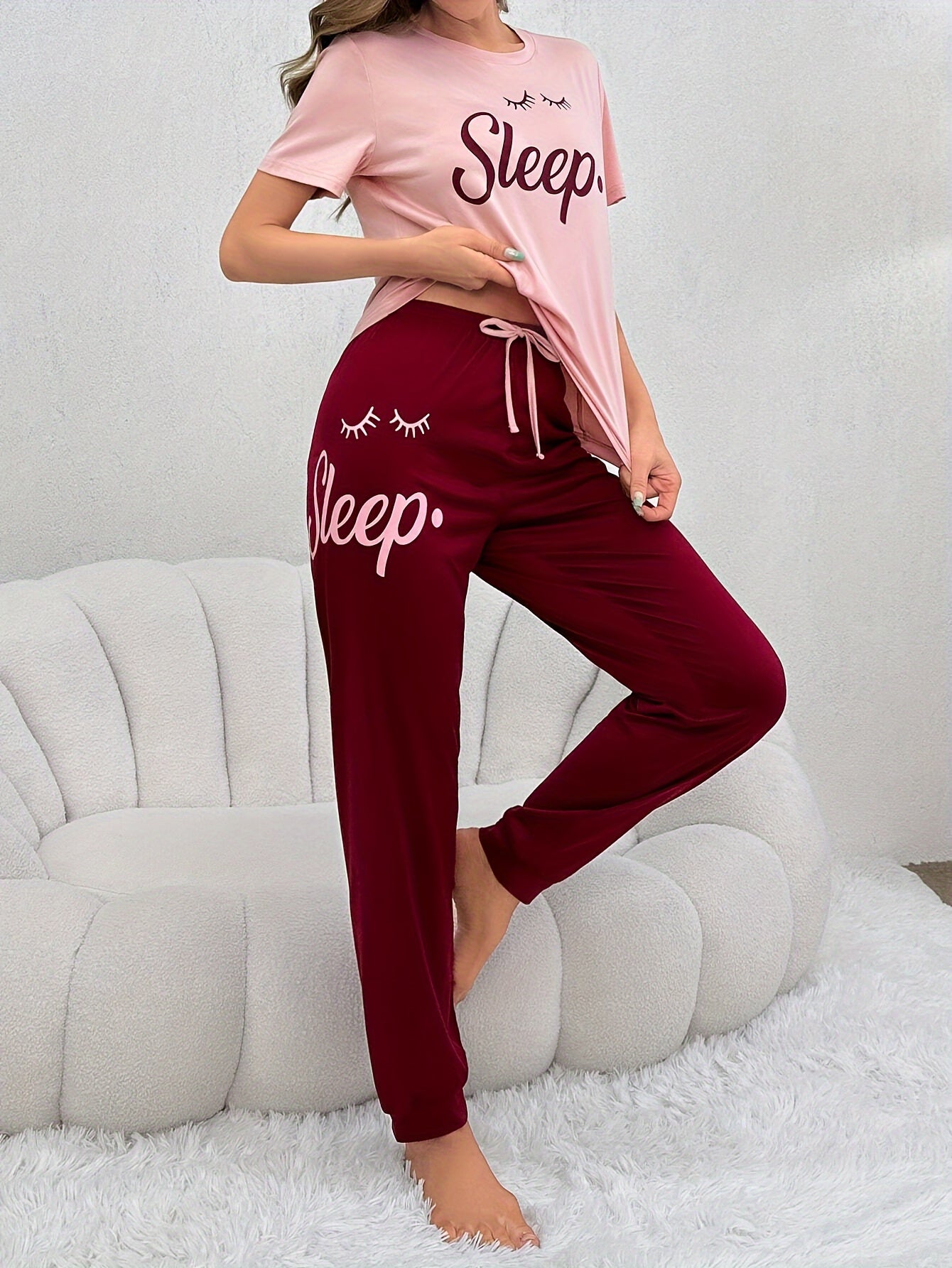 [1set Women'S Comfortable Pajama Set] 1set Women'S Casual Sleepwear Set, Comfortable Polyester Blend, Round Neck Long Pajama Set with Letter Print, All Season Knit Lounge Wear