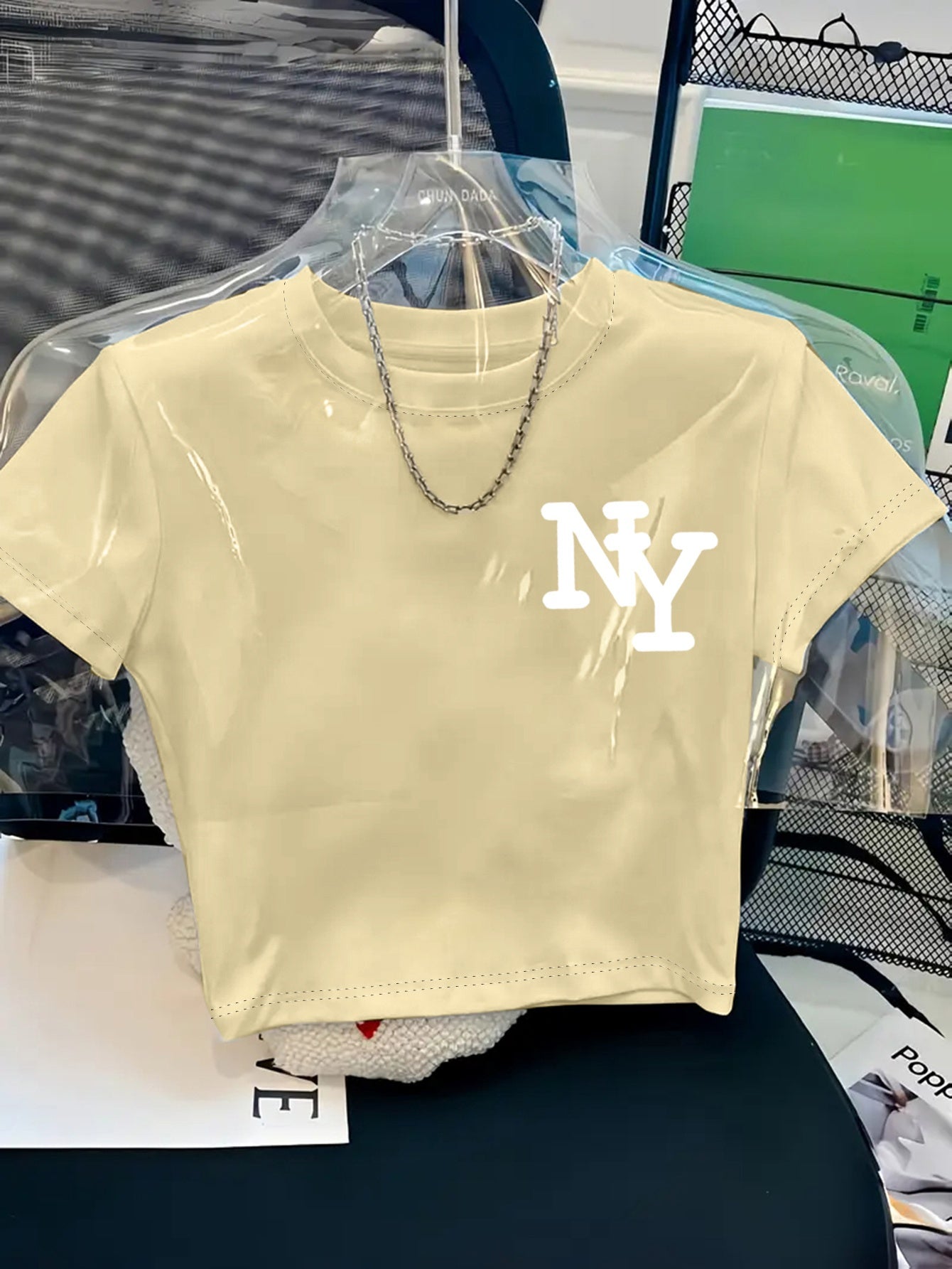 Women's Y2K Style NY Monogram Graphic T-Shirt - Soft Stretchy Polyester Blend, Oversized Cropped Fit, Machine Washable Spring/Summer Casual Top