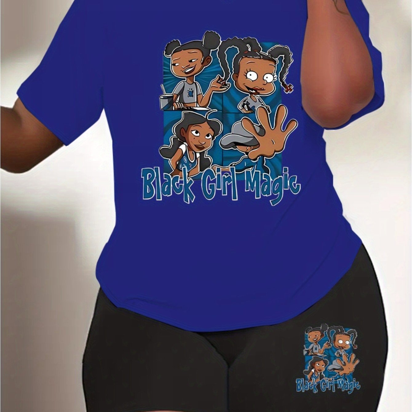 Women's casual cartoon print, polyester knit T-shirt and shorts leggings set, crewneck short sleeves, regular fit, all seasons