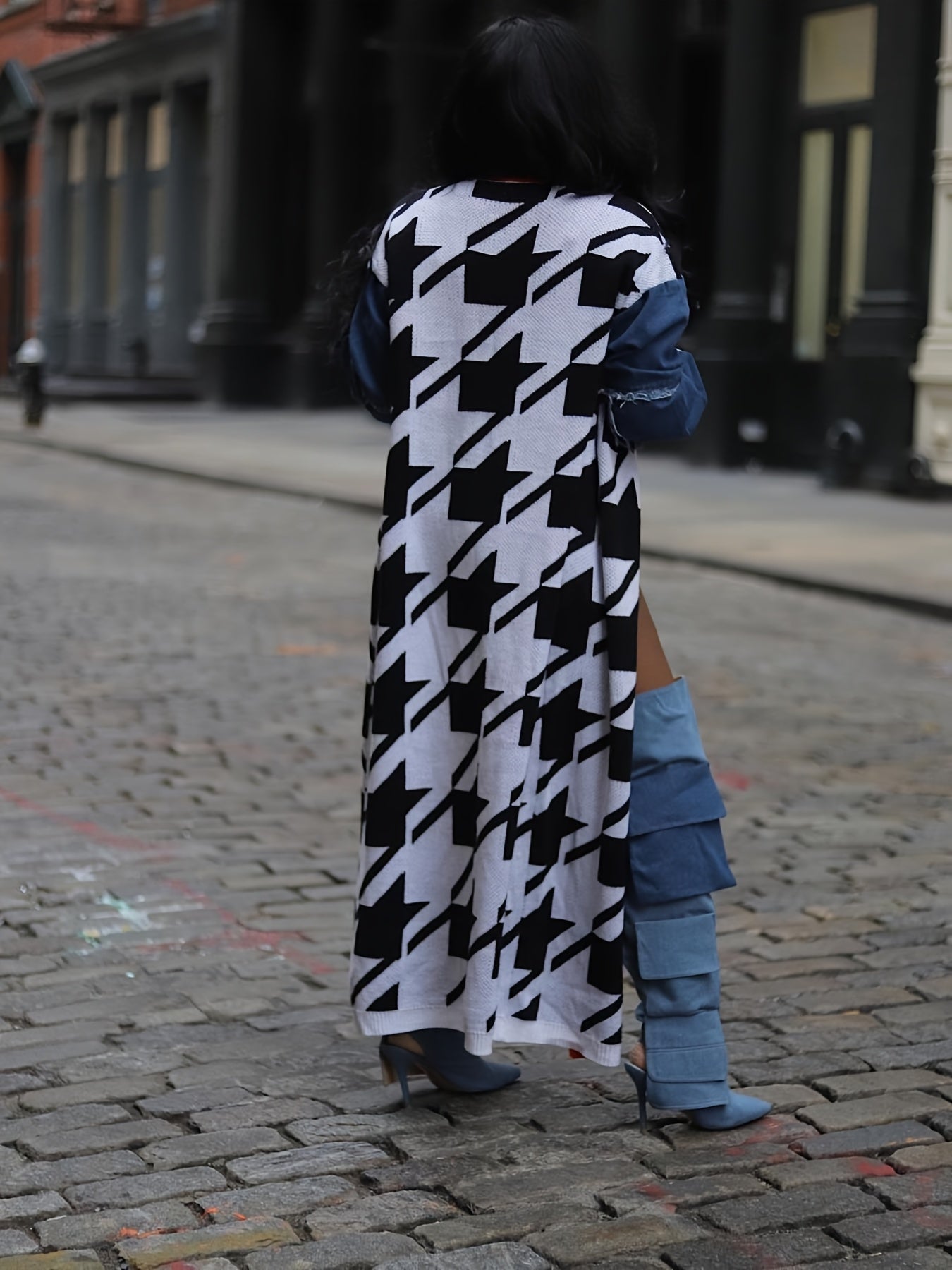 Women's Stylish Houndstooth Pattern Double-Layer Thick Cardigan - Long Sleeve, Open Front, Casual Knit Sweater with Geometric Design, Machine Washable, Polyester Blend