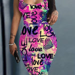 Love Letter Print Tank Dress, Casual Slim Bag Hip Random Printing Dress, Women's Clothing