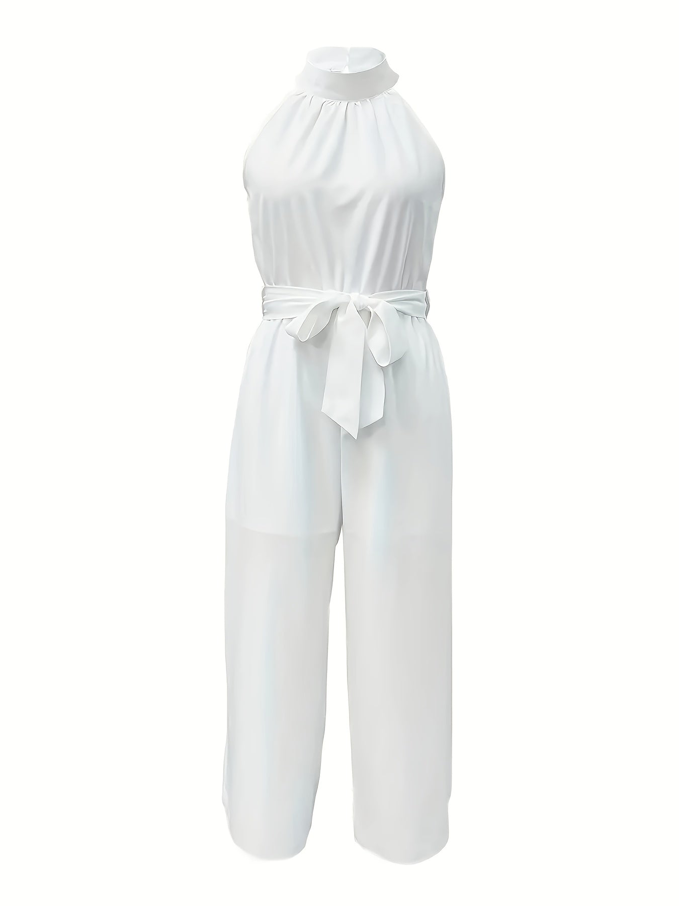 Elegant White Halter Neck Jumpsuit for Women - Sleeveless Wide-Leg Design with Tropical Vibes, Machine Washable Polyester, Perfect for Casual or Stylish Outfits, Casual Elegant Wear | Wideleg Fashion | Breezy Design