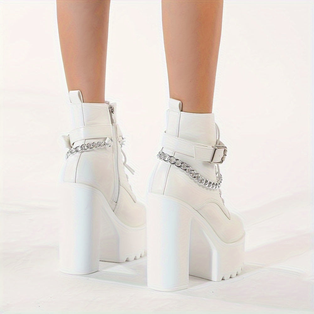Women's Chain Decor Block Heeled Boots, Fashion Lace Up Side Zipper Boots, Women's Stylish Ankle Boots