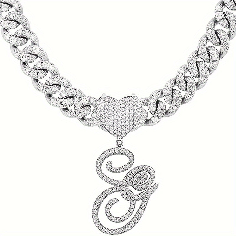 Silvery Cuban Link Necklace - Heart-shaped Alphabet Pendant on Ice Chain - Unisex Hip-hop Jewelry Gift