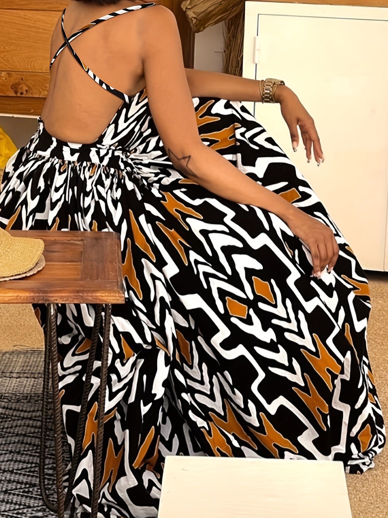 Women'S Casual Geometric Print Maxi Dress - Black, White, and Orange, V-Neck, Backless, Polyester, Summer Style, Elegant Maxi Dress | Vibrant Print Dress | Polyester Dress