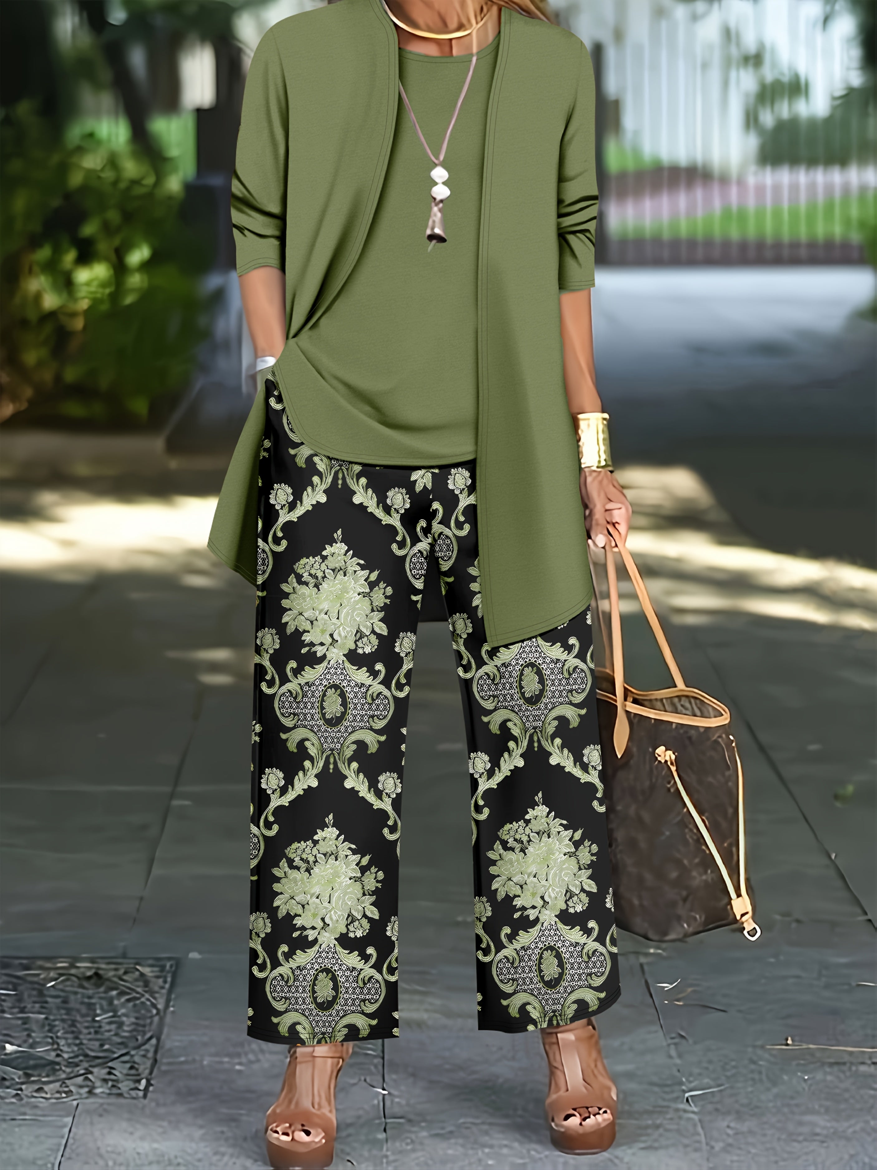 Women'S Elegant Plus Size Solid Color Cardigan and Tank Top Set with Paisley Print Pants - Stylish Three-Piece Outfit for Casual Attire, Casual Attire|Paisley Print Pants|Stretchy Fabric, Plus Size Clothing