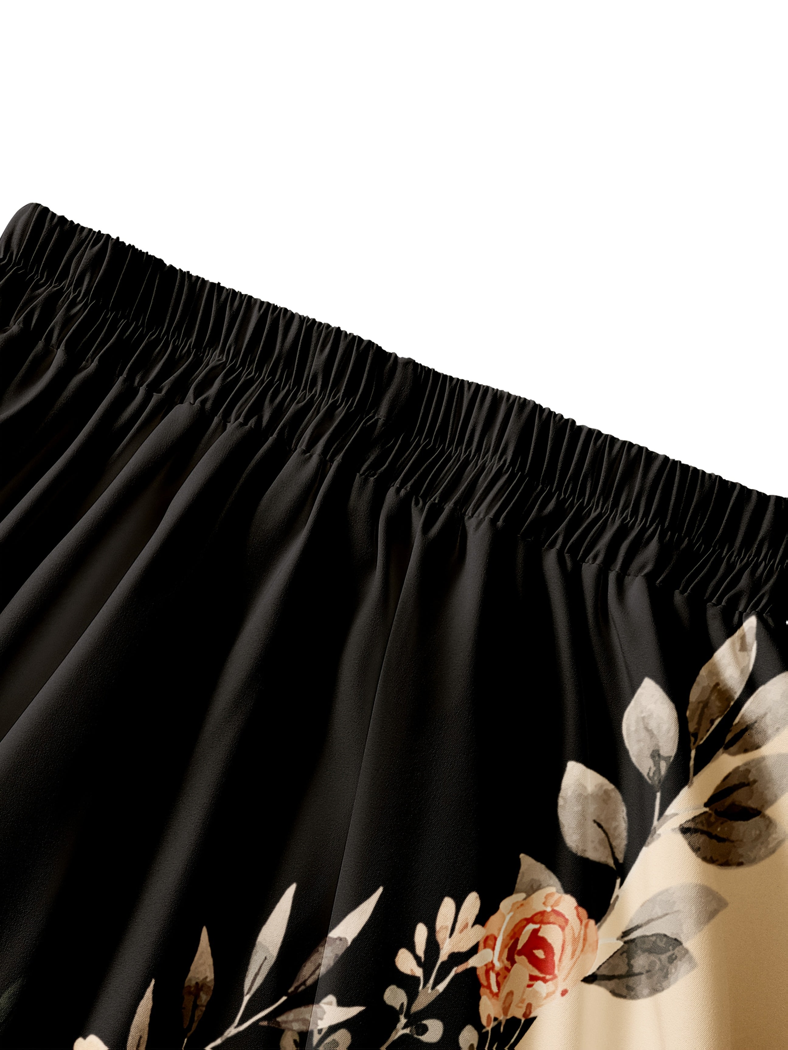 Print Midi Skirt with Elastic Waistband - Black & Beige Floral Pattern, Machine Washable, All-Season Versatile Women's Skirt for Casual & Formal Outfits, Casual Wear Skirt | Floral Print Midi Skirt | Structured Pleats