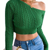 Cropped Slanted Shoulder Long Sleeve Cable Knit Sweater - Soft,Sexy,Form-Fitting, and Flattering - Womens Fashion Clothing for Casual Daily Wear, Date Night, and Party Occasions