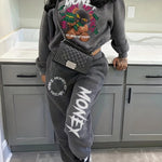 Women'S Casual Polyester Tracksuit, Crew Neck Knit Fabric Alphabet Pattern Loungewear, with Sweatshirt and Pants Set