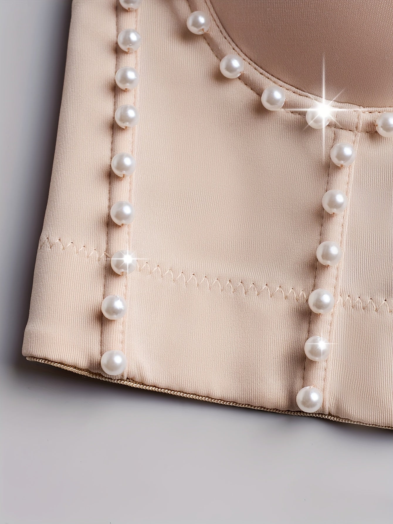 Floral Pearl Embellished Polyester Camisole - Short Length, Slight Stretch Knit Fabric, Regular Fit, Spaghetti Strap, Backless, Chest Pad, All Season Vacation Style Tank Top for Women