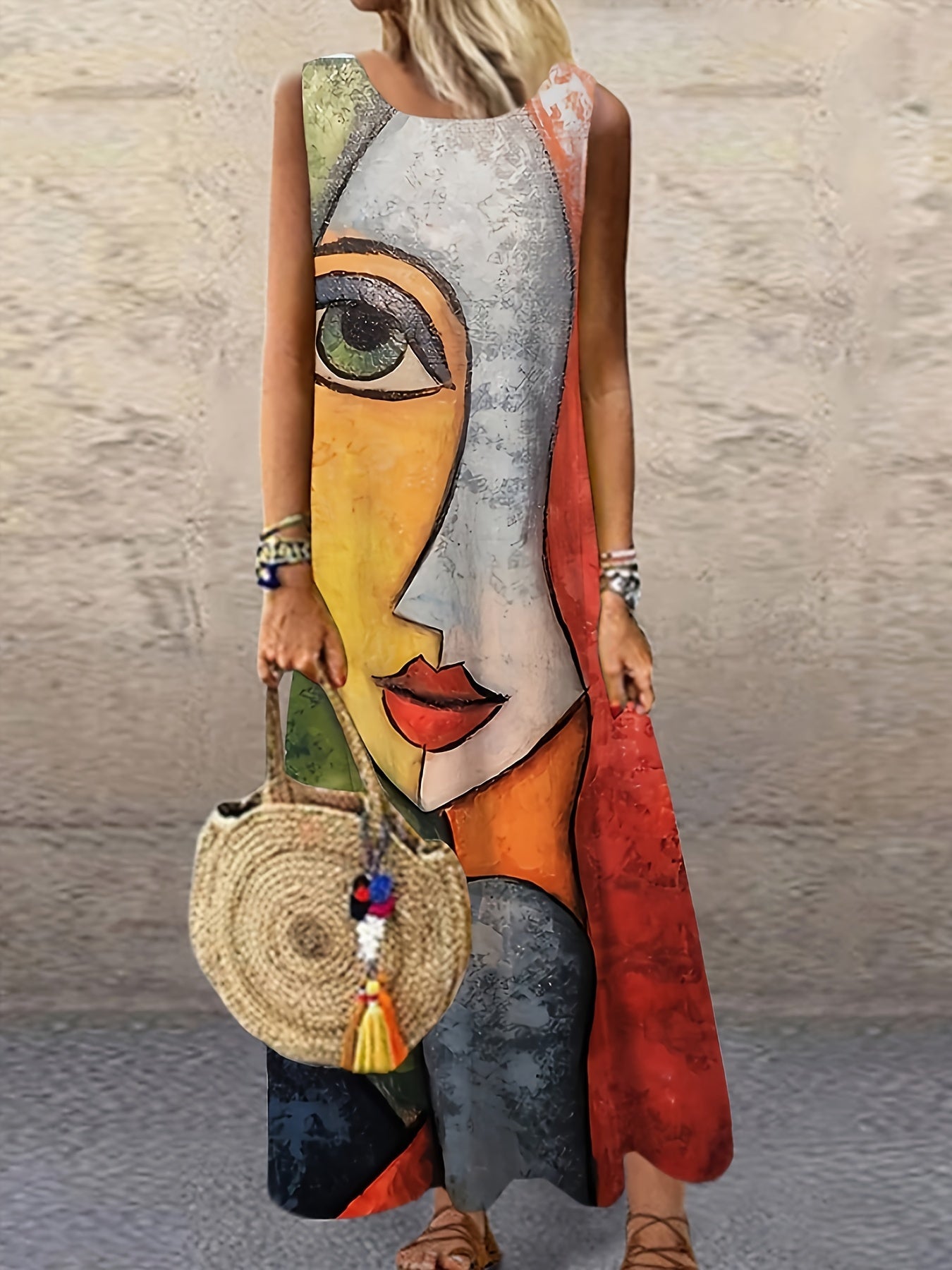 Abstract Print Crew Neck Tank Dress, Casual Sleeveless Maxi Dress For Spring & Summer, Women's Clothing