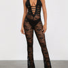 Women Lace Jumpsuits Halter Neck Cross Backless Sleeveless Long Rompers Summer Slim Playsuits Female Clubwear
