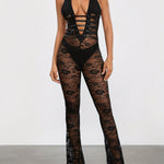 Women Lace Jumpsuits Halter Neck Cross Backless Sleeveless Long Rompers Summer Slim Playsuits Female Clubwear