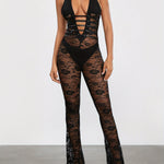 Women Lace Jumpsuits Halter Neck Cross Backless Sleeveless Long Rompers Summer Slim Playsuits Female Clubwear