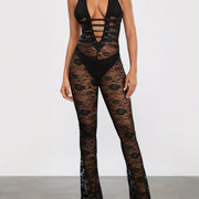 Women Lace Jumpsuits Halter Neck Cross Backless Sleeveless Long Rompers Summer Slim Playsuits Female Clubwear