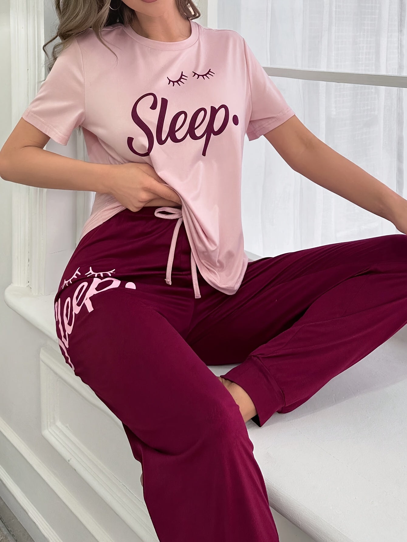 [1set Women'S Comfortable Pajama Set] 1set Women'S Casual Sleepwear Set, Comfortable Polyester Blend, Round Neck Long Pajama Set with Letter Print, All Season Knit Lounge Wear