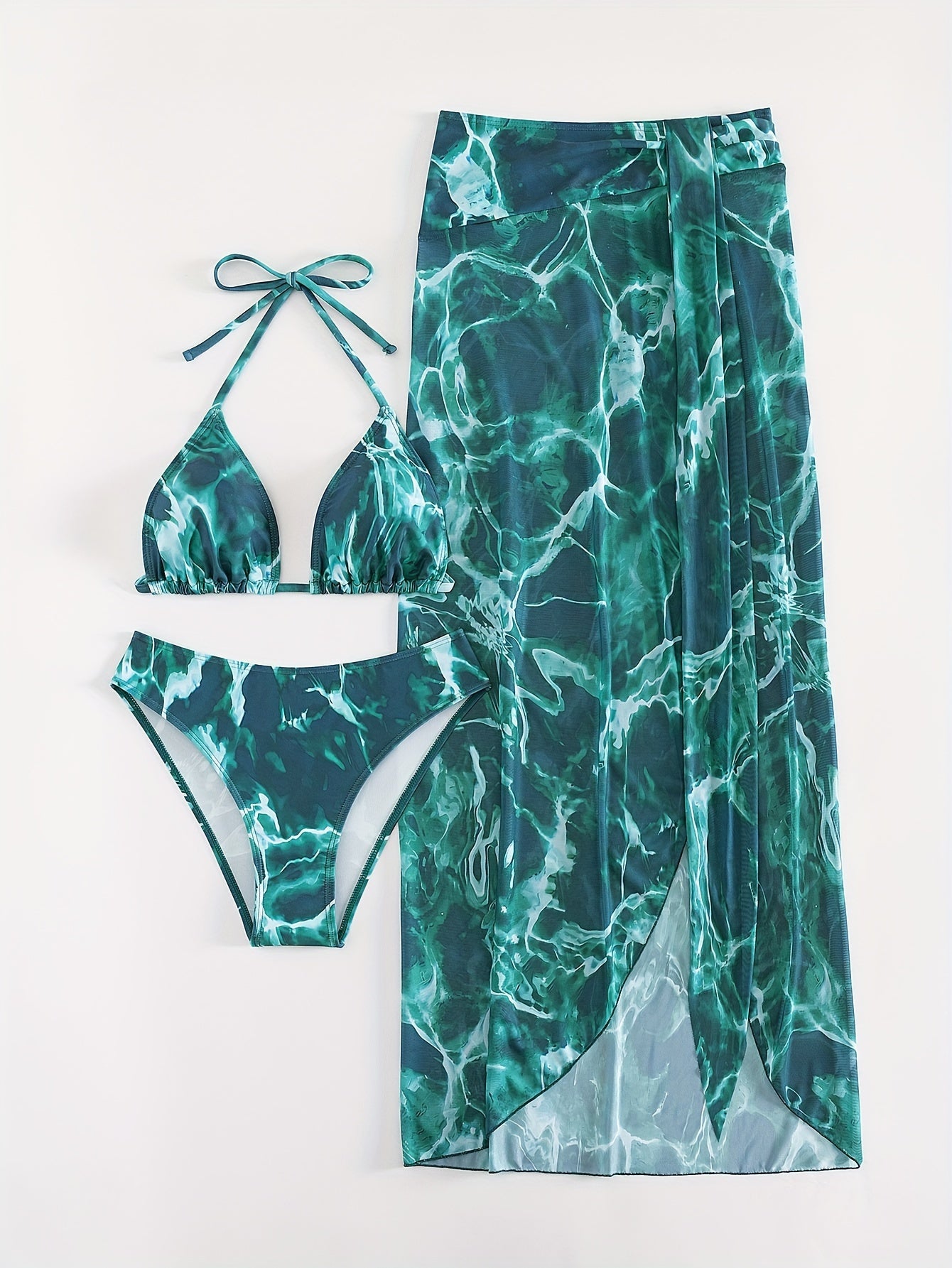 Three-Piece Tie-Dye Swimsuit - Triangle Top, High Cut Bottoms, Cover-Up Skirt Bikini Set for Women