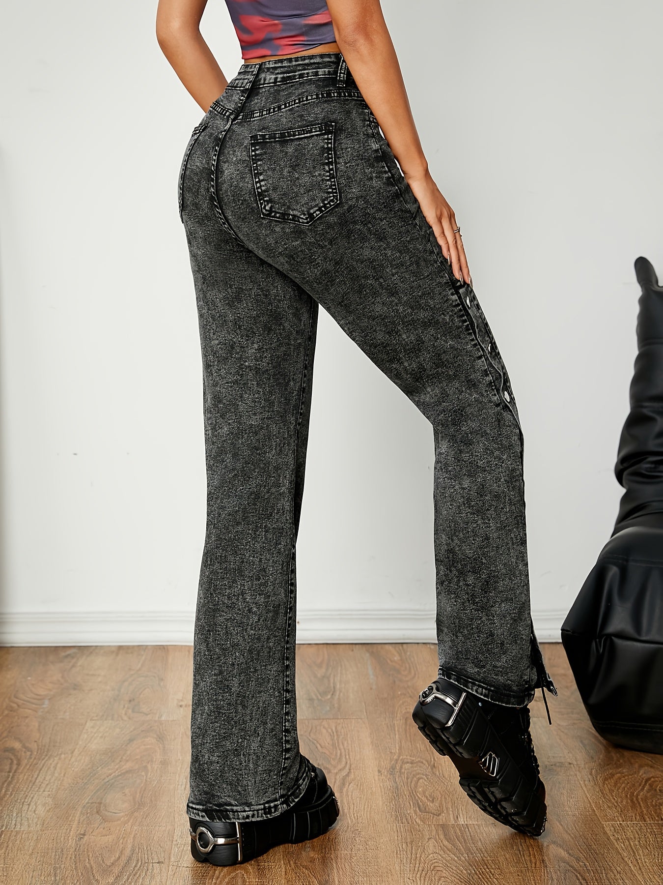 Women's High-Waisted Straight Leg Jeans with Side Slit - Casual Denim in Black, Loose Fit, Button Closure, Perfect for Spring and Fall, Allseason Jeans | Split Hem Style | Denim Fabric