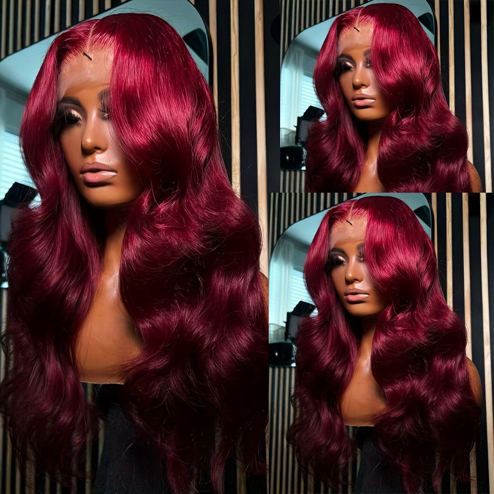 13x6 Inch Glueless Lace Front Wig for Women - Heat Resistant Synthetic Hair, Deep Part Space Burgundy Red Body Wave Loose Curly Wavy Wig with Preplucked Hairline, 200% Density for Daily & Party Use
