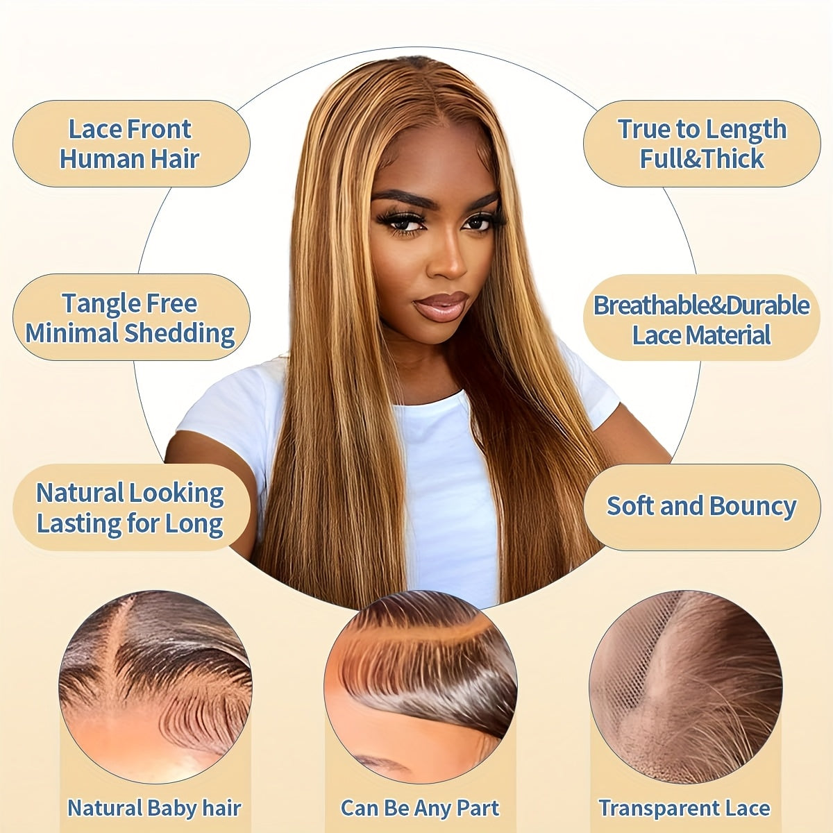 13x4 Honey Blonde Straight Lace Front Wigs Human Hair Highlight Ombre 200% Density Pre Plucked Pre Cut Transparent Frontal Human Hair Wigs For Women With Baby Hair 4/27