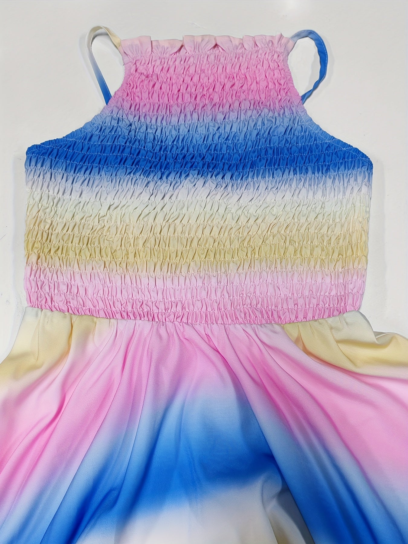 Elegant Gradient Color Women's Dress - Sleeveless Halter Neck with Ruffled Hem, Lightweight Polyester for Spring/Summer, Pastel Pink to Blue Ombre Design, Formal Summer Dress | Flared Skirt | Polyester Fabric