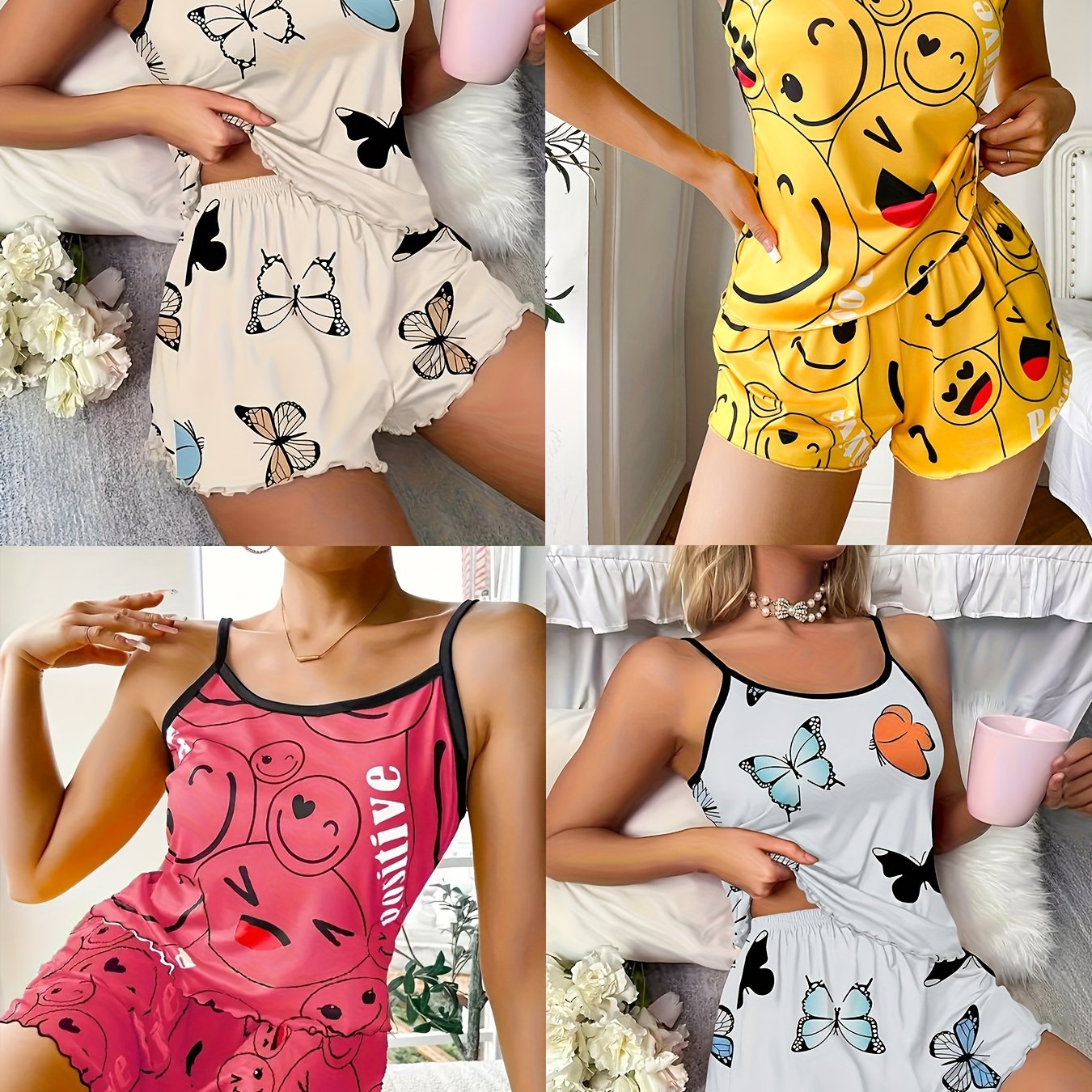 4 Sets Women's Heart & Butterfly & Smiling Face Print Frill Trim Casual Pajama Set, Round Neck Backless Cami Top & Shorts, Comfortable Relaxed Fit