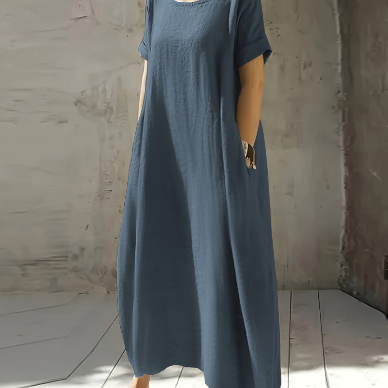 Women's New Summer Round Neck Short Sleeve Loose Dress with Pocket, Elegant and Pure Color Mid-Long Casual Skirt