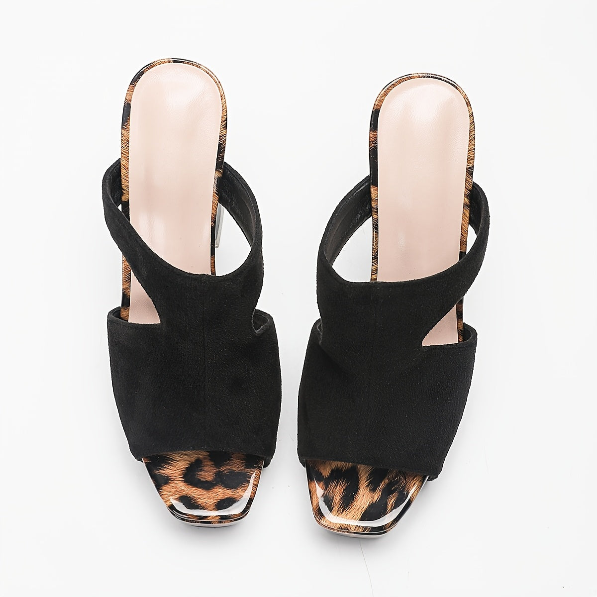 2025 Summer New Stylish Streetwear Eye-Catching Black Suede Patchwork Leopard Print High-Heeled Sandals