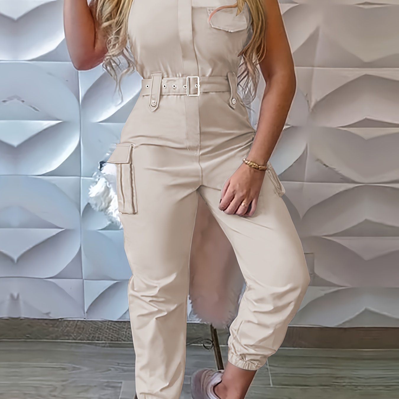 Solid Flap Pocket Cargo Jumpsuit with Belted Detail, Sleeveless Women's Casual Jumpsuit