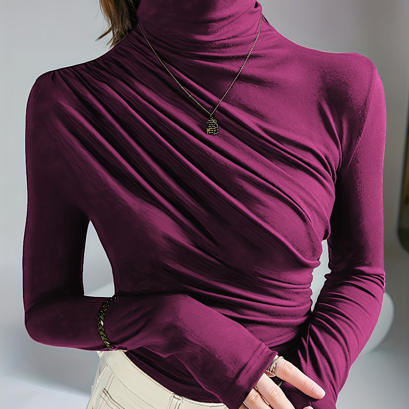 Elegant Ruched Mock Neck Long Sleeve Top for Women - Stylish Autumn/Winter Blouse, Soft Polyester & Elastane Blend, Machine Washable, Dark Brown, Perfect for Casual or Dressy Outfits