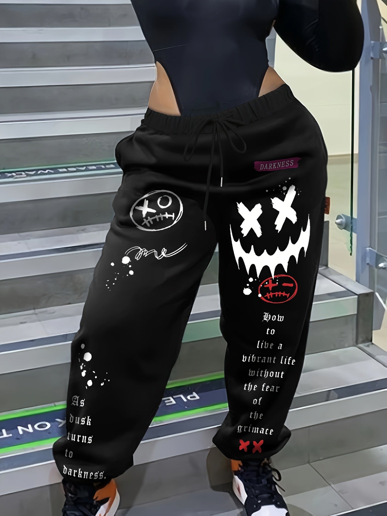 Women'S Casual Printed Sweatpants - Black with White Cartoon Face & Letter Design, Elastic Waistband with Drawstring, Lightweight Polyester for Spring/Fal