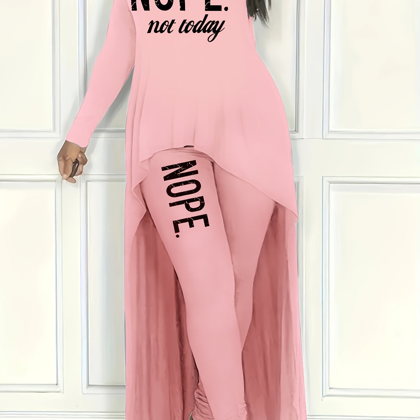 Chic Nope Casual Two-piece Outfit Set - Fashionable Letter Print Top with Trendy Dipped Hem & Slim-fit Pants - Comfortable Long Sleeve Womens Clothing for Stylish Everyday Wear