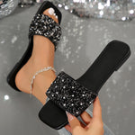 Women's Slipper Casual Open Toe Slides Outdoor Flat Sandals PU Leather Flat Sandals Rhinestone Glitter Slipper