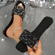 Women's Slipper Casual Open Toe Slides Outdoor Flat Sandals PU Leather Flat Sandals Rhinestone Glitter Slipper