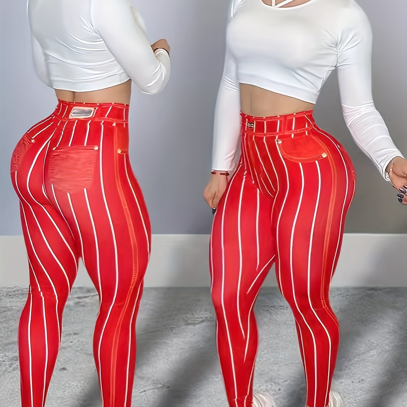 High-Waist Denim-Look Yoga Pants for Women - Sexy Fitness Leggings with Trendy Striped Design, Red & White Vertical Stripes, Stretchy Polyester Blend, Machine Washable, Perfect for Yoga, Running, and Gym Workouts, Athletic We